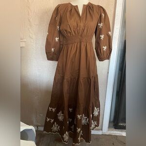 JODIFL Brown Maxi Dress with White Floral Embroidery